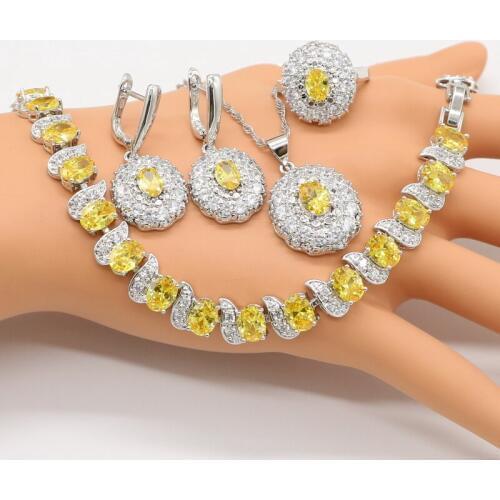 XUTAAYI Silver color Color Jewelry Sets For Women Christmas Gift Yellow Cubic Zirconia Necklace Pendant Bracelets Earrings Rings