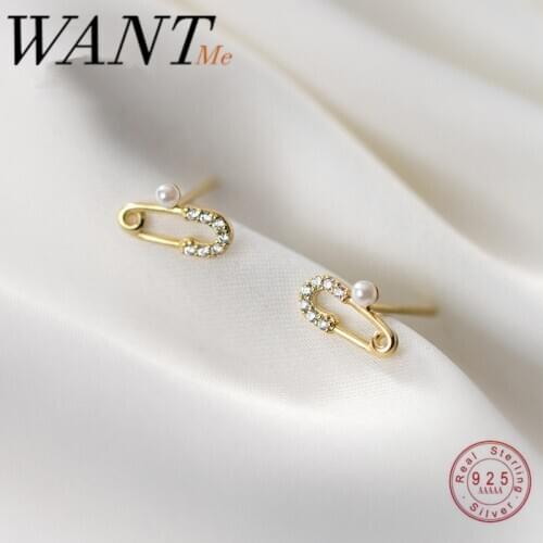 WANTME Chic Small Pave Zircon Paper Clip Pin Stud Earrings for Women Genuine 925 Sterling Silver Fashion Korean Jewelry Gift