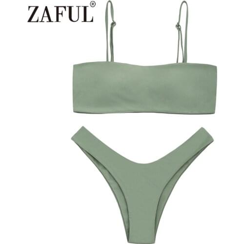 ZAFUL Bikini Women Swimsuit Cami High Cut Thong Bottom Padded Bikini Set Spaghetti Straps Swimwear Solid Sexy Brazilian Biquni
