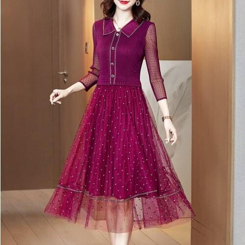 Dress 2021 Fashion Women Spring New Turndown Collar Elastic Miyake Pleated Slim Polka Dot Patchwork Mesh Dress Mid Calf