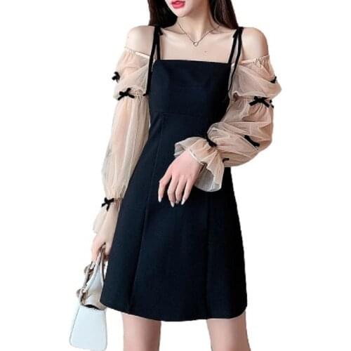 PERHAPS U Sweet High Street Black Chiffon Mesh Spliced Bow Puff Sleeve Spaghetti Strap Camisole Off Shoulder Short Dress D3061