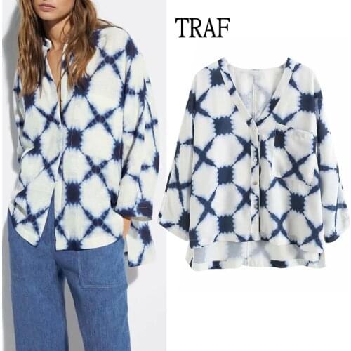 TRAF Za 2021 Women Blouse Top Vintage Print Loose Shirts Woman Long Sleeve Summer Blouse Button Pocket Irregular Female Shirt