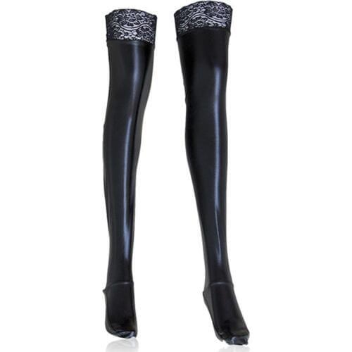 S - XXL Plus Size Latex Stockings Wet Look PVC Pole Dance Lace Top Thigh High Stockings With Silicone Band Women Sexy Lingerie