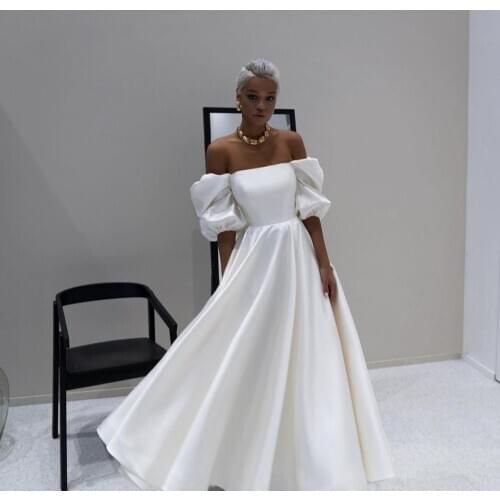 Elegant Long Satin Puff Sleeve Wedding Dresses with Pockets A-Line White Zipper Ankle Length Bridal Gowns for Women