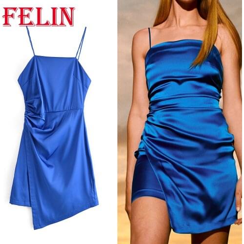 FELIN Za 2021 Summer Stylish Stain Pleated Mini Dress Women Sexy Side Split Backless Party Cami Dress Elegant Chic Vestidos