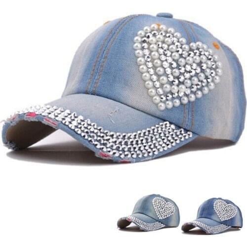 JNKET New Fashion Women Denim Baseball Cap Heart-shaped Diamonds Hip Hop Caps Sunhat Snapbacks Hats Gorras Baseball Casquette