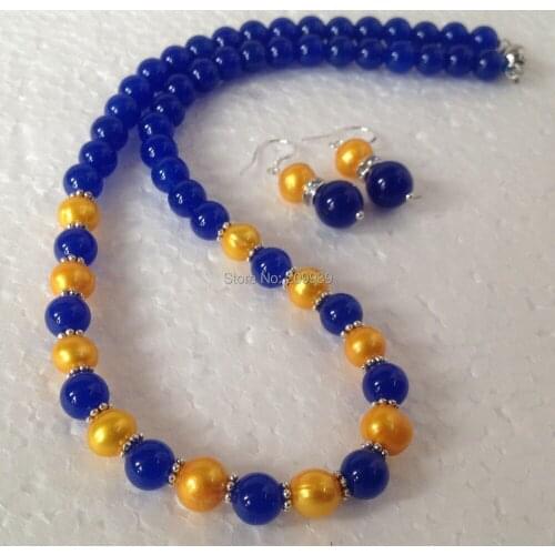 Genuine Golden Akoya Cultured Pearl/Blue Jade Beads necklace earrings Set