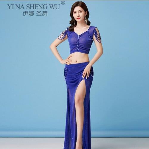 Belly Dance Suit New Summer Eastern Female Temperament Tops Practice Clothes Profession Sexy Mesh Long Skirt Training Clothing