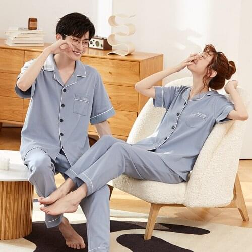 Summer 100% Cotton Pajamas Set Women Pyjamas Turn-down Collar Sleepwear Nightwear Pijama Mujer Homewear Couple Night suits