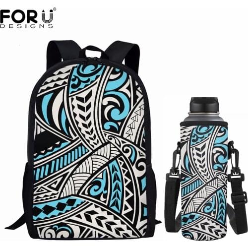 FORUDESIGNS Hot Polynesian Tribal Design Schoolbag Fashion 2pcs School Backpacks Cup Case Set Pouch Holder Sleeve Covers Satchel