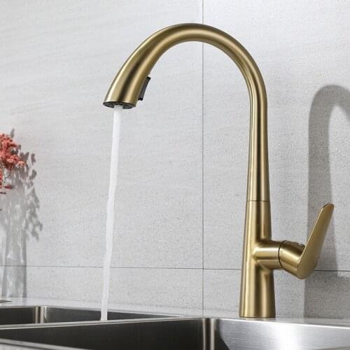 Brushed Gold Kitchen Sink Faucets Hot & Cold Brass Mixer Tap Pull Out Single Handle Deck Rotating Chrome/Nickel/Black/White New