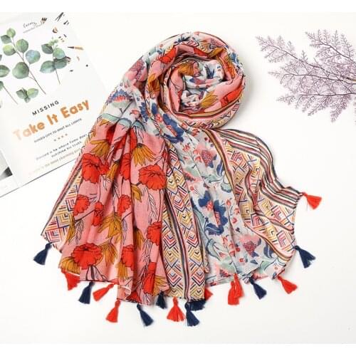 Fashion Floral Hijab Scarf Women Luxury Brand Printed Hijab Long Female Foulard Soft Beach Tassel Design Shawl Wraps