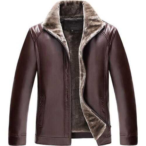 Mens Lapel Collar Leather Jacket Day Thick Fur Jacket Casual Warm Slim Winter