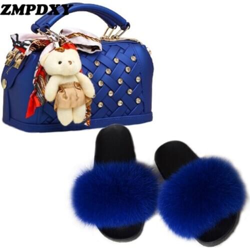 New Big Fluffy Real Fox Fur Slippers Women Plush Furry Sandals Fur Slides With Matching Purse Diamond Handbag Jelly Bag Wholesal