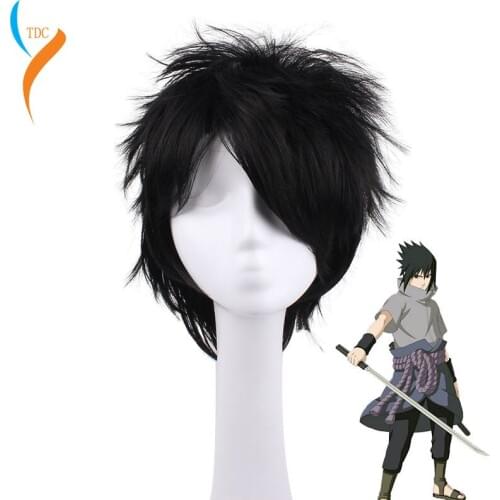 Anime NARUTO Diy Cosplay Wig Kirito Uchiha Sasuke Male Black Short Curly Wig Show Party Performance Hair Wig + Wig Cap
