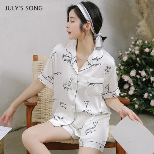 JULYS SONG Women Pajamas 2 Pieces Women Ice Silk Spring Summer Ins Thin Stain Letter Love Printed Short Sleeve Shorts Homewear