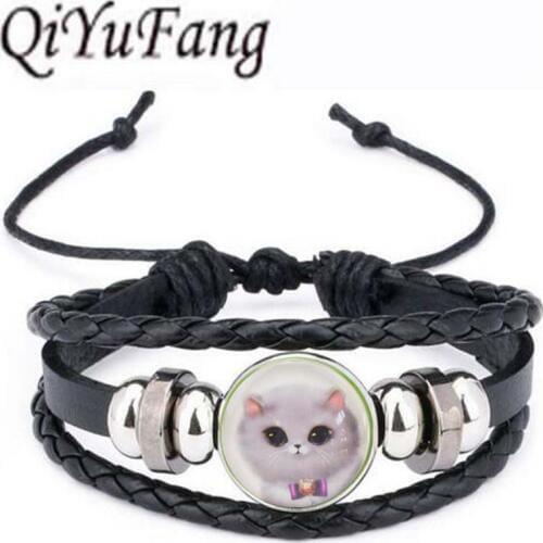 Qiyufang Cute Cat steel Color Jewelry Classic Glass Cabochon Statement Bracelet Bangle Fashion Collares Fine Jewelry Women