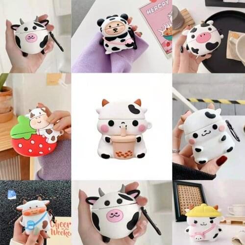Cute For AirPods 1 2 Pro Case Cartoon 3D Cow Cattle Milk Tea Box Soft Silicone Wireless Bluetooth Earphone Protect Cover Animal