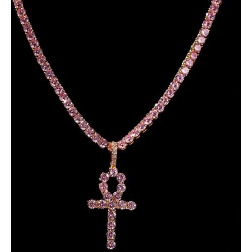 5mm Pink Cubic Zirconia Bling Iced Out Tennis Chain Necklace with Ankh Cross Pendants for Men Women Hip Hop Rapper Jewelry