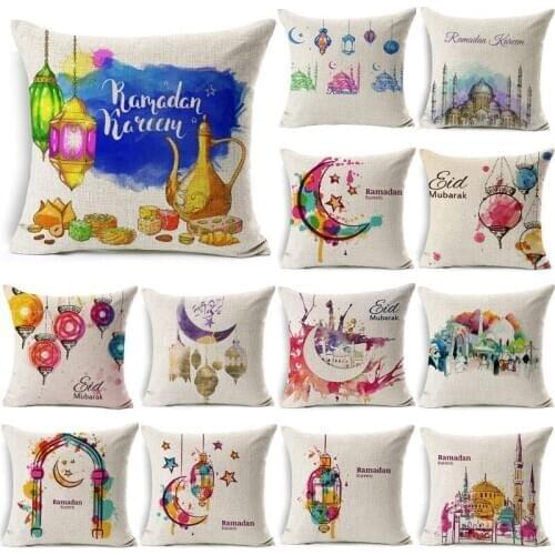 Ramadan Decoration Cushion Cover Linen Blessed Eid Mubarak Moon Lantern Decorative Pillows Mosque Decorative Pillowcase 40253