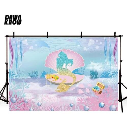 DAWNKNOW mMermaid Shell Vinyl Photography Background For Baby Cartoon Bear Photo Shoot Backdrop For Wedding Photo Studio G1067