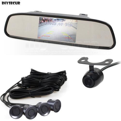 DIYSECUR Video Parking Radar 4 Sensors 4.3 Inch Car Mirror Monitor + Rear View Car Camera Parking Assistance System Kit
