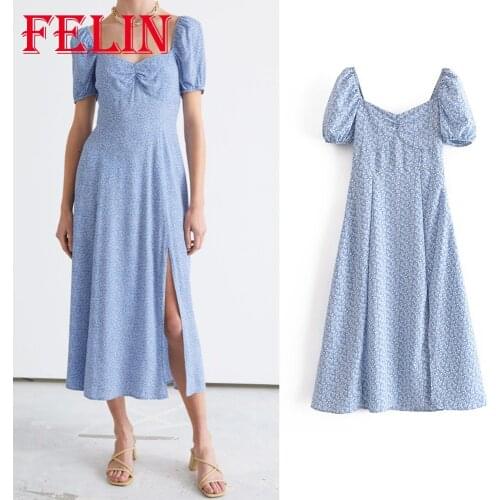 Women Flower Print Vintage Short Sleeve Dress Za Fashion 2021 Short Sleeve Ruffles Summer Dresses Front Split Mujer Vestidos