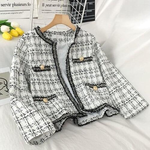 Vintage Tweed Jacket Coat Women Autumn Fashion Plaid Buttons Slim Woolen Jackets Office Lady Outwear