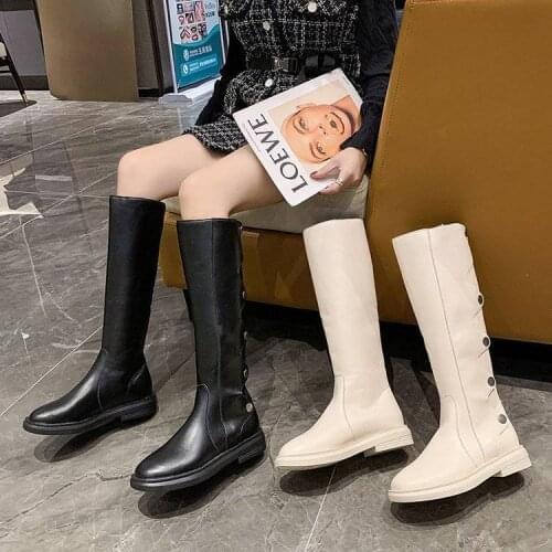 Leather metal button high-knee boots women wave pu trend long tube botas cool girls zipper low heels long tube botines mujer