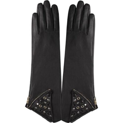 Womens autumn winter 100% genuine leather zipper long gloves ladys natural leather black driving glove R3444