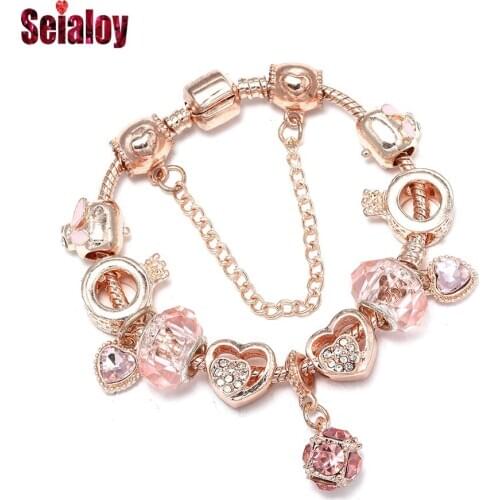 Seialoy Rose Gold Shiny Heart Crystal Charm Bracelets For Women Girl Original Pink Bunny Crown O Beaded Bracelet Jewelry