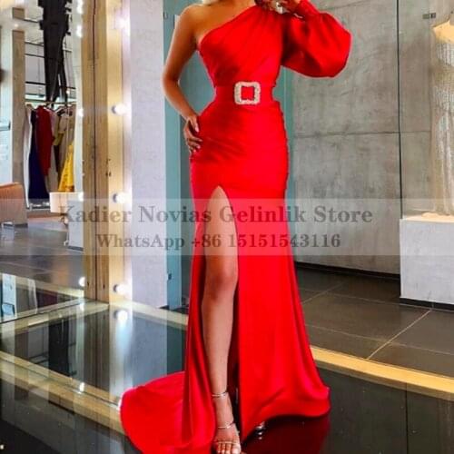 Long Sleeve Mermaid Red Satin Evening Dresses High Slit vestido de gala One Shoulder Women Formal Prom Dress 2021