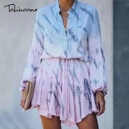 Tobinoone Tie Dye Blue Buttons Dress Women Ruffle High Waist Drawstring V Neck Mini Dress Vintage Latern Sleeves Autumn Dresses