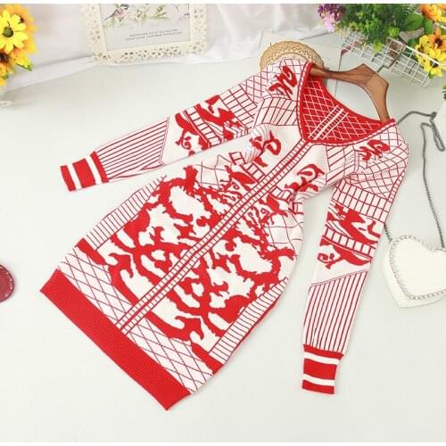 Winter Fashion Women Dress Knitted V-neck Long Sleeve Abstract Pattern Slim Knee-length Dress Female Dress Ladies Middle Dress