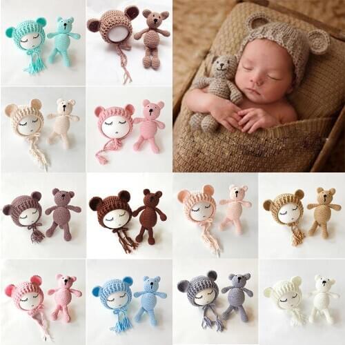 100set 2019 Cute Newborn Baby Girls Boys Knit Crochet Bear Hat Cap Costume Photography Props