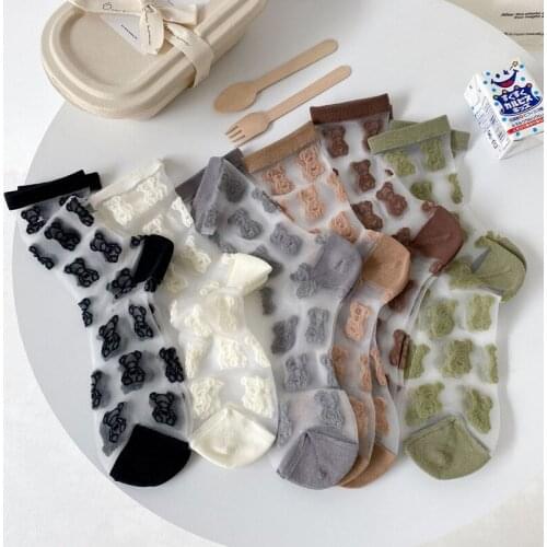 5pairs Bear Style Casual Creative Transparent Crystal Silk Trend Women Socks Cartoon Ultrathin Glass Silk Socks Meias