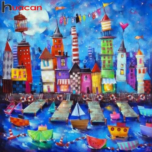 Huacan Diamond Painting Full Square/Round Building 5D Diamond Mosaic Embroidery Landscape Needlework Handicraft Creative Hobbies