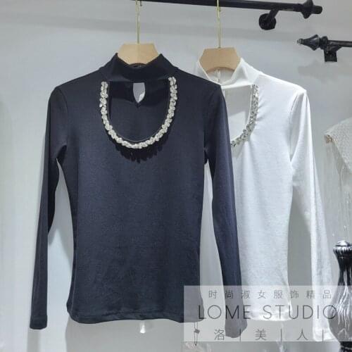 Diamond-studded hollow high-neck base shirt womens full sleeves slim fashion tops 2021 spring autumn new halterneck T Shirt