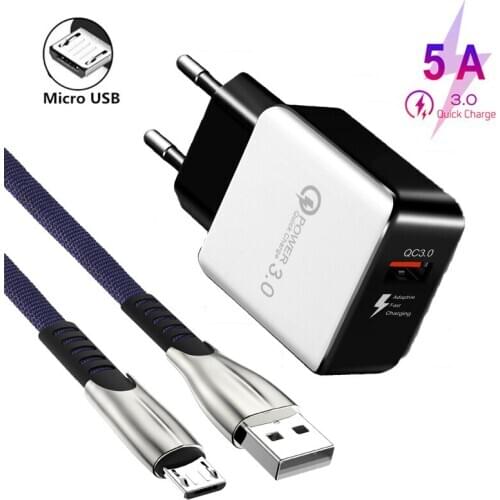 QC 3.0 Fast Charger Adapter 5A Micro USB Cable For Huawei P8 P9 Lite Y5 Y6 Y7 Y9 2018 Honor 6 7 LG G3 G4 18W EU Plug USB Charger