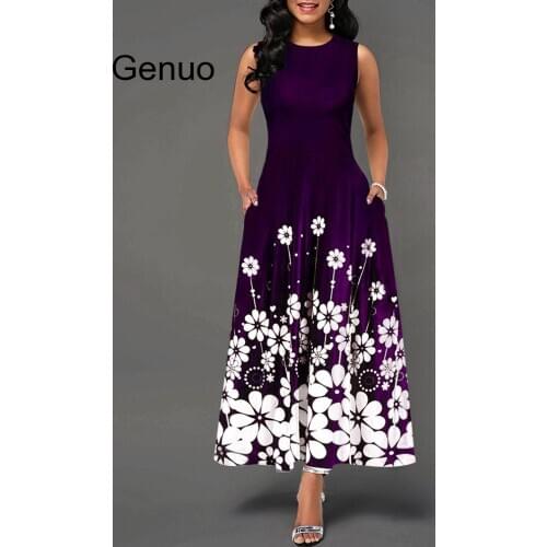 Large Size Elegant Womens Floral Print Long Maxi Dress Evening Party Beach Dress Summer Sleeveless Long Flower Sundress Costume
