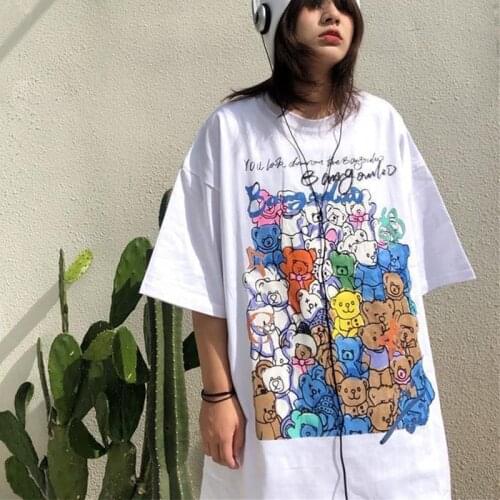 100%Cotton Kawaii Bears Print T Shirts Women Japanese Style Teens Girls Oversized Summer Tees O-Neck Harajuku Female Plus Size