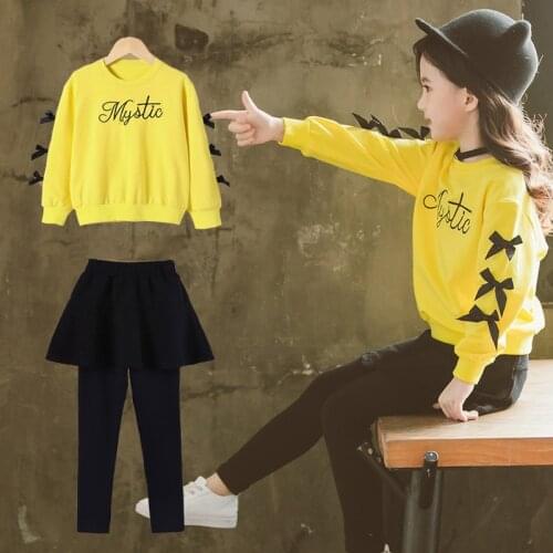 Girls Two Piece Clothing Sets Fashion Bow Long Sleeve Sweatshirt and Skirt Leggings Yellow Red 3-11 Years School Sports Suits