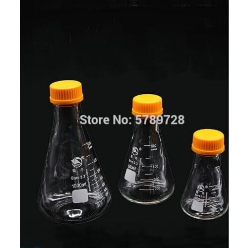 1pcs Borosilicate glass conical flask with yellow spiral lid capacity 250/500/1000/2000ml Laboratory glass container