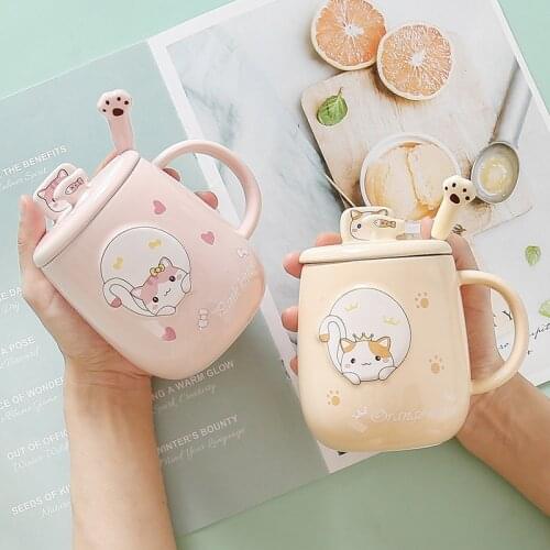 Creative Animated Cute Cat Mugs Ceramic Coffee Mug, Phone Holder Lid and Spoon kitten milk coffee ceramic mug office gifts