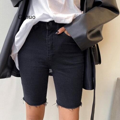 Summer Knee Length skinny Denim Shorts Women High Waist Stretch Black Jeans Shorts Plus Size Jeans Shorts Women short femme
