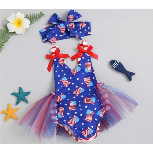 Cute Girls Independence Day Outfits Girl Star Flag Print V-Neck Sleeveless Bodysuit Skirt + Hairband for Girls 6-24 Months