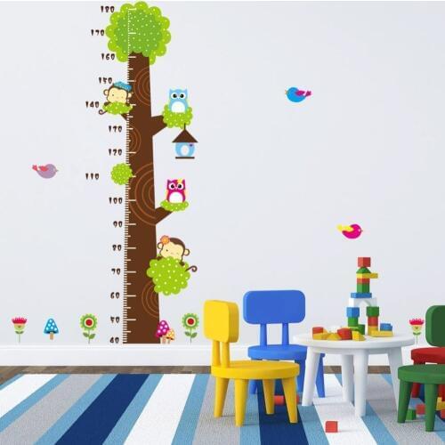 Cartoon Animals Tree Height Measurement Wall Decal Sticker Kids Babies Childrens Room Growth Chart Wall Poster Height Ruler