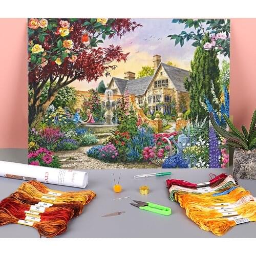 House Flower Landscape Pre-Printed 11CT Cross Stitch DIY Embroidery Set DMC Threads Painting Craft Hobby Knitting Design