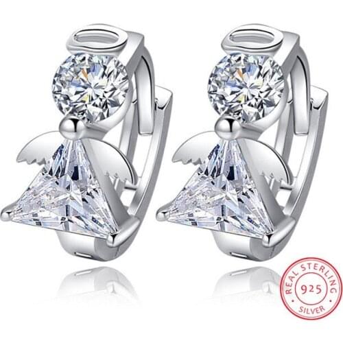 New Arrivals Fashion Angel Design 925 Sterling Silver Stud Earrings Luxury Double Crystal Earring For Women Silver Jewelry Gift