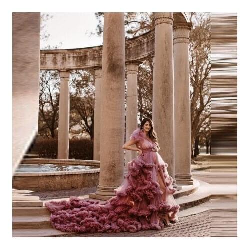 Charming Long Tulle Pregnancy Gowns For Photo Shoot V Neck Shoulder Flowers Long Train Extra Puffy Women Maternity Dresses